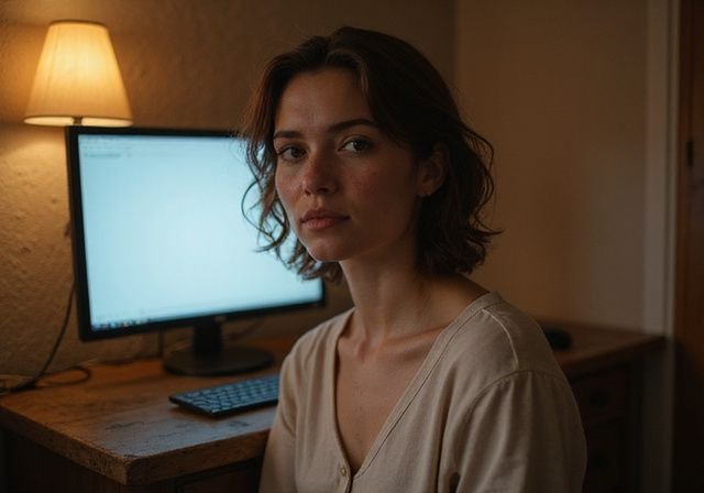 Een jonge vrouw zit voor een computer in een slaapkamer. Een jonge vrouw zit voor een computer in een slaapkamer