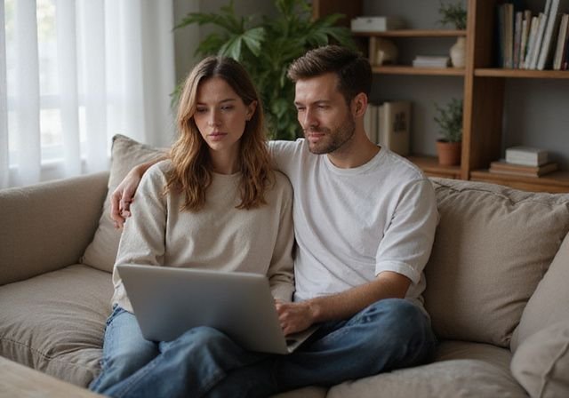Een jong stel zit samen op de bank in hun gezellige woonkamer. Een jong stel zit samen op de bank in hun gezellige woonkamer