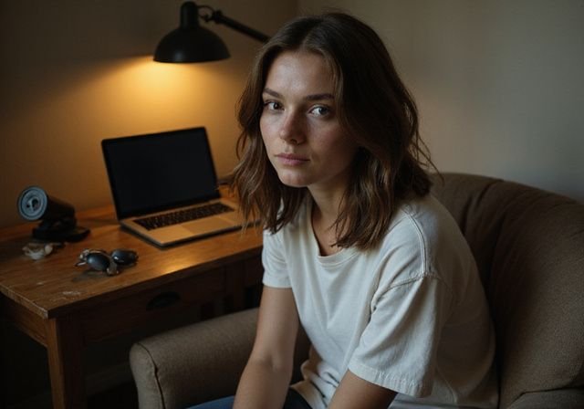 Een jong persoon zit in een kamer met een laptop en andere persoonlijke spullen. Een jong persoon zit in een kamer met een laptop en andere persoonlijke spullen