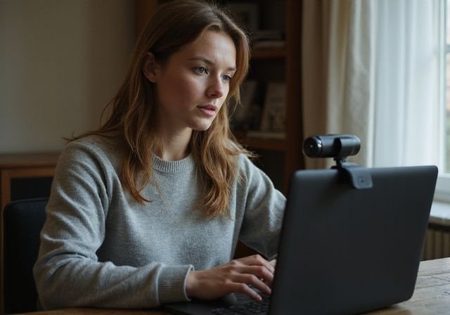 Een vrouw zit klaar voor een online sessie in een gezellige kamer. Een vrouw zit klaar voor een online sessie in een gezellige kamer
