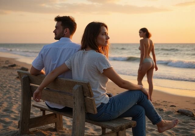 Een stel ontspant op het strand bij zonsondergang. Een stel ontspant op het strand bij zonsondergang