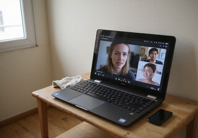 Een open laptop toont een live video website met diverse, echte modellen. Een open laptop toont een live video website met diverse, echte modellen