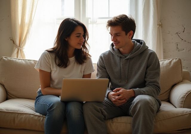 Een jong stel zit op de bank en praat geconcentreerd met elkaar. Een jong stel zit op de bank en praat geconcentreerd met elkaar