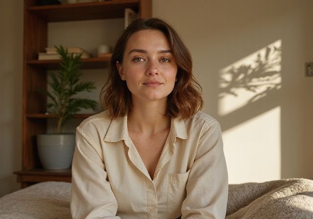 Een jonge vrouw zit op het bed, in gesprek, omringd door huiselijkheid. Een jonge vrouw zit op het bed, in gesprek, omringd door huiselijkheid