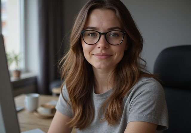 Een jonge vrouw zit voor een computer op een modern bureau. Een jonge vrouw zit voor een computer op een modern bureau