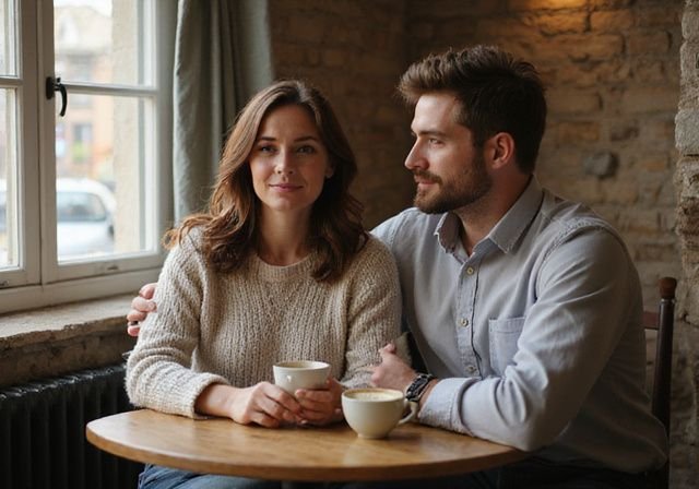 Twee volwassenen delen een intiem moment in een gezellige café. Twee volwassenen delen een intiem moment in een gezellige café