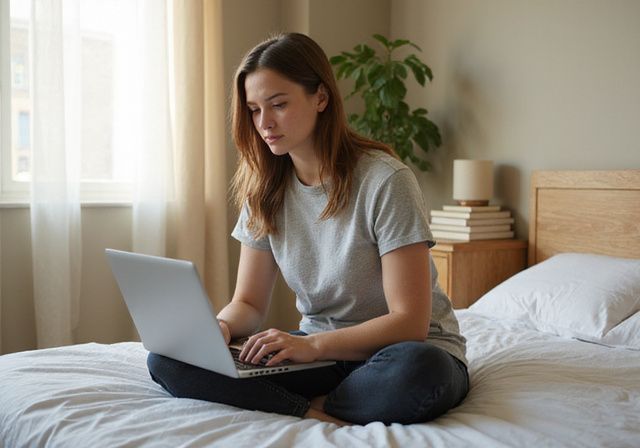 Een vrouw in pyjama werkt gefocust op haar laptop in bed. Een vrouw in pyjama werkt gefocust op haar laptop in bed.