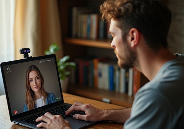 Een man en vrouw communiceren via een laptop in een gezellige kamer. Een man en vrouw communiceren via een laptop in een gezellige kamer.