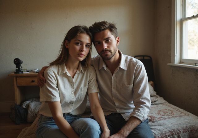 Een man en vrouw zitten samen op een eenvoudig bed. Een man en vrouw zitten samen op een eenvoudig bed.