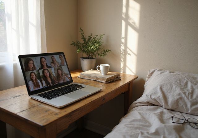 Een bescheiden slaapkamer met een laptop en persoonlijke spullen erop. webcamsex live show