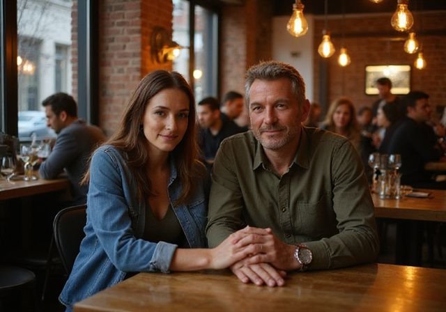 Een man en vrouw genieten van een intiem gesprek in een restaurant. Cougar dating België