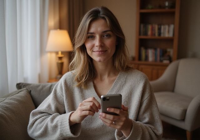 Een vrouw in casual kleding gebruikt een datingapp op haar smartphone. Een vrouw in casual kleding gebruikt een datingapp op haar smartphone