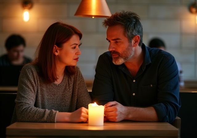 Een middel ouder echtpaar zit aan een tafel in een restaurant. Een middel ouder echtpaar zit aan een tafel in een restaurant