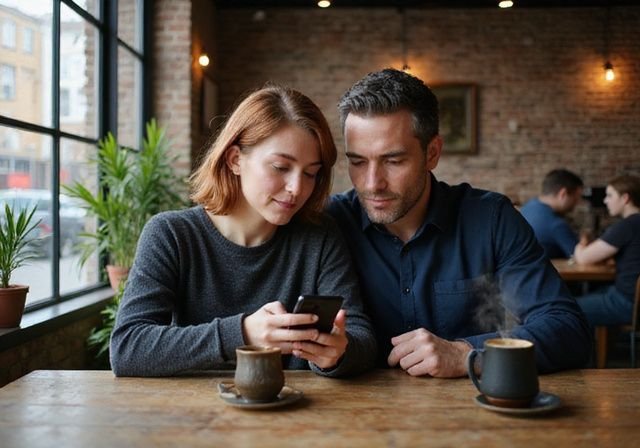 Een vrouw en man zitten samen in een druk café. vind cougar dating in België