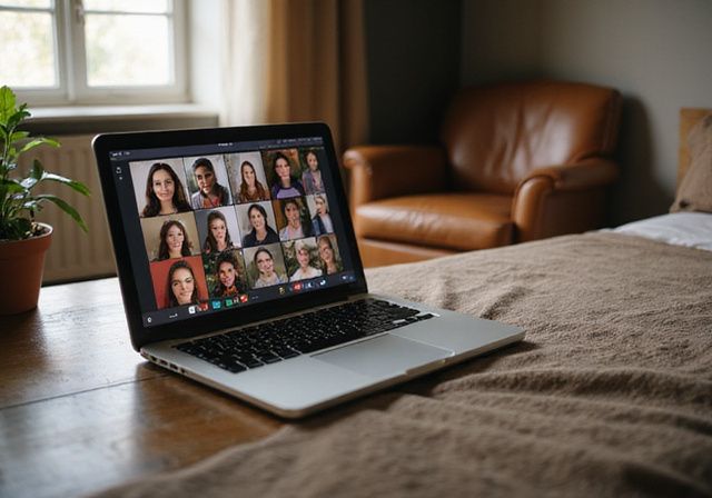 Een georganiseerde laptop met webcammodellen in een gezellige slaapkamer. Live webcamsex België