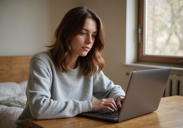 Een vrouw in een trui, gefocust tijdens een videochat. Een vrouw in een trui, gefocust tijdens een videochat.
