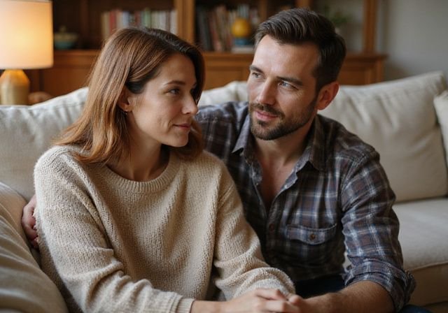 Een intieme conversatie tussen een vrouw en man op een bank. Een intieme conversatie tussen een vrouw en man op een bank