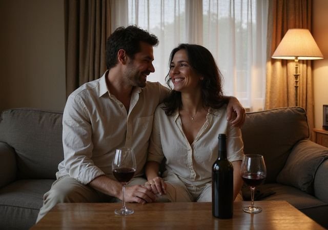 Twee volwassenen genieten samen van wijn op een comfortabele bank. Twee volwassenen genieten samen van wijn op een comfortabele bank tijdens sexdating in Vlaanderen