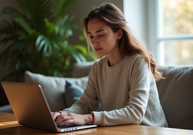 Een vrouw in een trui werkt geconcentreerd aan haar laptop. Een vrouw in een trui werkt geconcentreerd aan haar laptop