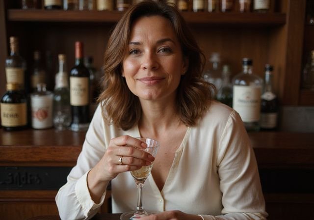 Een vrouw met een ontspannen houding geniet van een cocktail aan de bar. Een vrouw met een ontspannen houding geniet van een cocktail aan de bar voor Vlaamse cougars