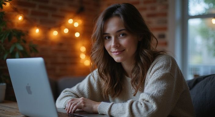 Een jonge vrouw zit ontspannen aan een bureau met een laptop