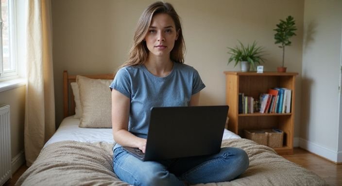 Een jonge vrouw zit op bed met een laptop in haar schoot