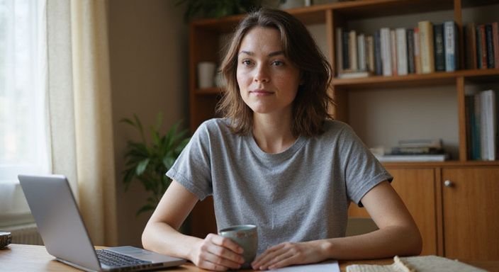 Een jonge vrouw werkt geconcentreerd aan haar laptop in een thuisomgeving
