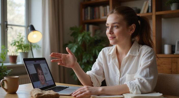 Een vrouw in een warm ingericht thuiskantoor aan een bureau