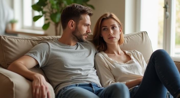 Een man en vrouw zitten intiem op een beige bank