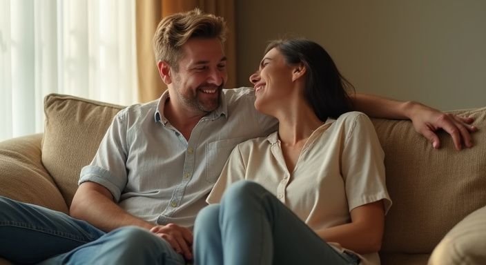 Twee mensen lachen samen op een comfortabele bank in de woonkamer