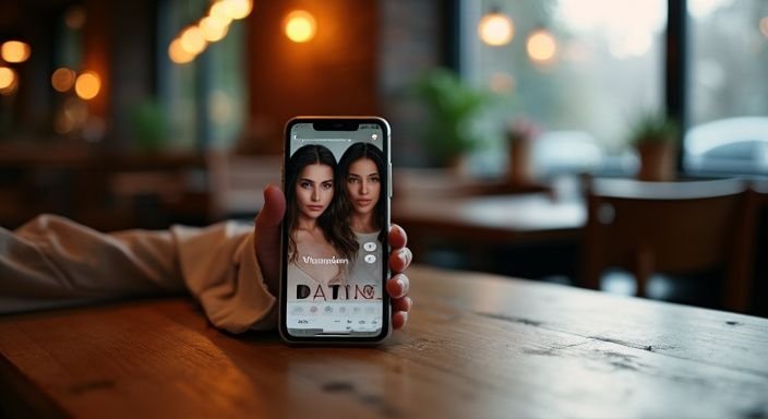 Een smartphone toont een datingapp in een sfeervol café. Een smartphone toont een datingapp in een sfeervol café
