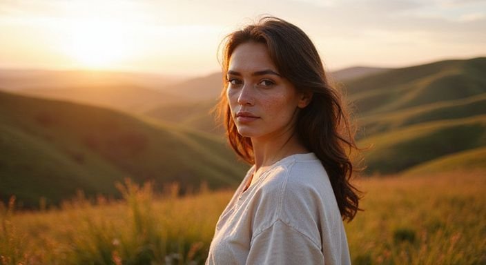Een vrouw staat ontspannen in de natuur, kijkend naar de horizon. Een vrouw staat ontspannen in de natuur, kijkend naar de horizon