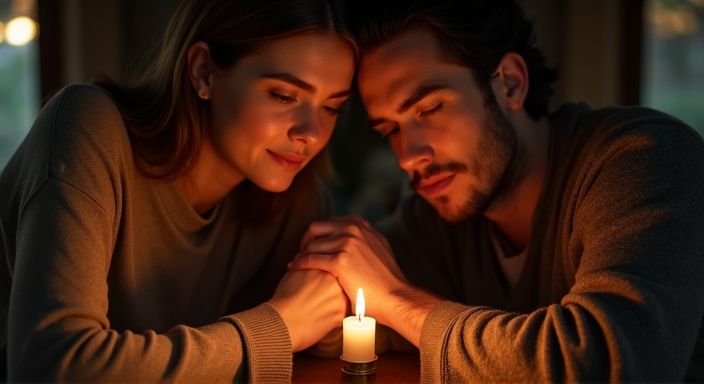 Een man en vrouw delen een intiem moment aan tafel. Een man en vrouw delen een intiem moment aan tafel