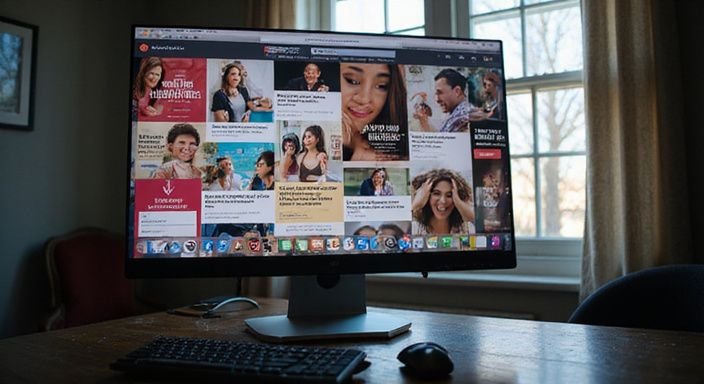 Een computermonitor toont kleurrijke advertenties voor online datingsites. Een computermonitor toont kleurrijke advertenties voor online datingsites