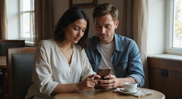 Een man en vrouw bespreken iets op een smartphone aan een café tafel. Een man en vrouw bespreken iets op een smartphone aan een café tafel