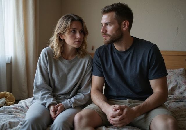 Een vrouw en een man delen een intiem moment op bed. Een vrouw en een man delen een intiem moment op bed