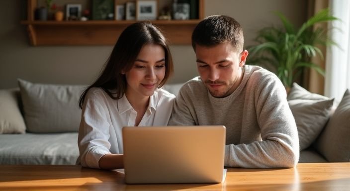 Een jong stel bekijkt een online datingsite aan tafel. Een jong stel bekijkt een online datingsite aan tafel