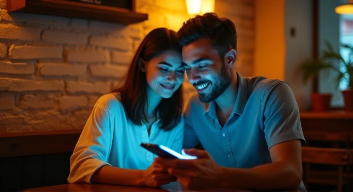 Een man en vrouw genieten van een intiem moment in een café. Een man en vrouw genieten van een intiem moment in een café