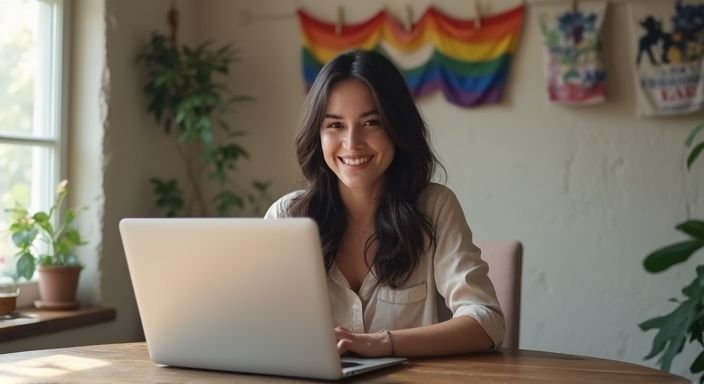 Een transgender vrouw glimlacht ontspannen aan een tafel met een laptop. Een transgender vrouw glimlacht ontspannen aan een tafel met een laptop.