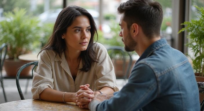 Een jongeman en -vrouw hebben een innige conversatie in een café. Een jongeman en -vrouw hebben een innige conversatie over Shemale Date in Vlaanderen in een café.