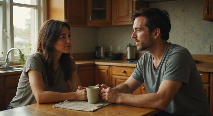 Een vrouw en een man delen een intiem gesprek aan tafel. Een vrouw en een man delen een intiem gesprek over Shemale Date in Vlaanderen aan tafel.