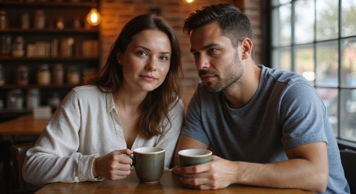 Een vrouw en man delen een intiem moment in een café. Een vrouw en man delen een intiem moment in een café.