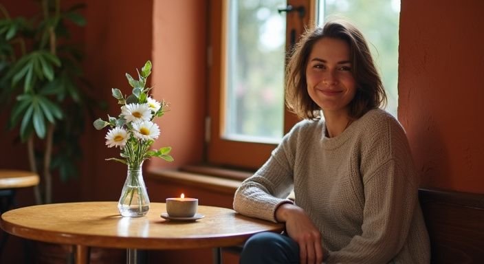 Een gezellige koffiehoek met een houten tafel en verse bloemen. Een gezellige koffiehoek met een houten tafel en verse bloemen.