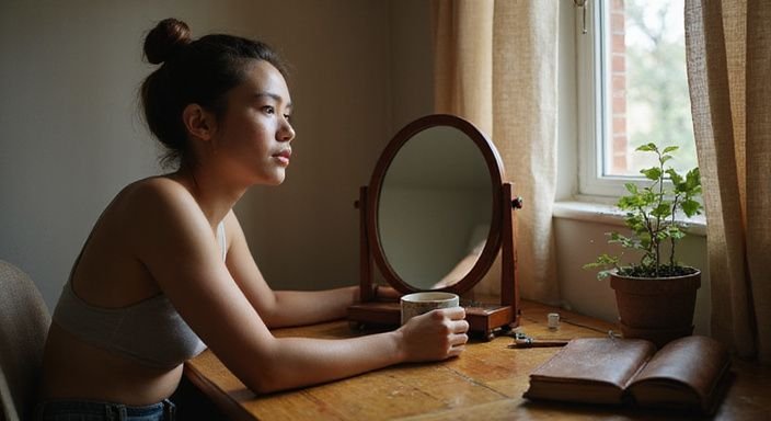 Een persoon zit nadenkend aan een houten kaptafel met persoonlijke voorwerpen. Een persoon zit nadenkend aan een houten kaptafel met persoonlijke voorwerpen.