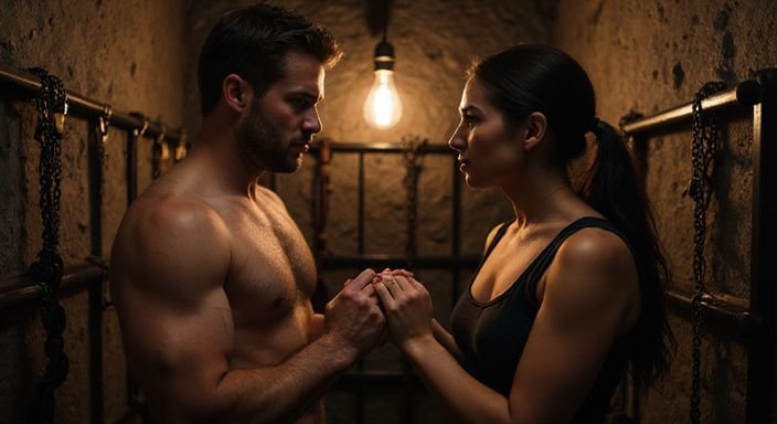 Een man en vrouw verkennen BDSM in een authentieke dungeon.