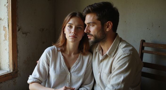 Een man en vrouw delen een intiem moment in een rustige ruimte.
