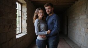 Een koppel staat intiem samen in een historische kelder