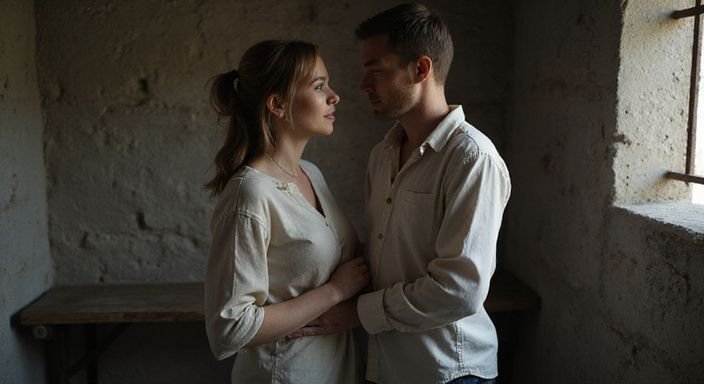 Twee mensen delen een moment van vertrouwen in een stenen kamer tijdens BDSM sexcontacten België.