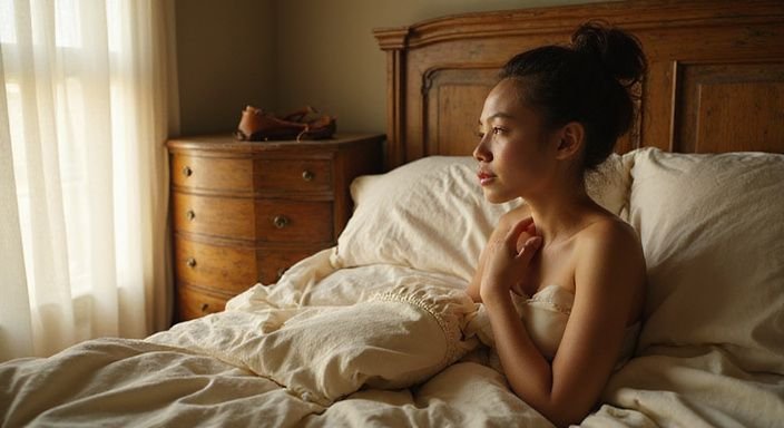 Een serene slaapkamer met vintage meubels en intieme accessoires.