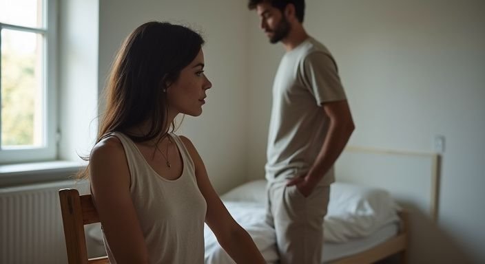 Een man en vrouw in een eenvoudige slaapkamer, verdiept in gesprek.